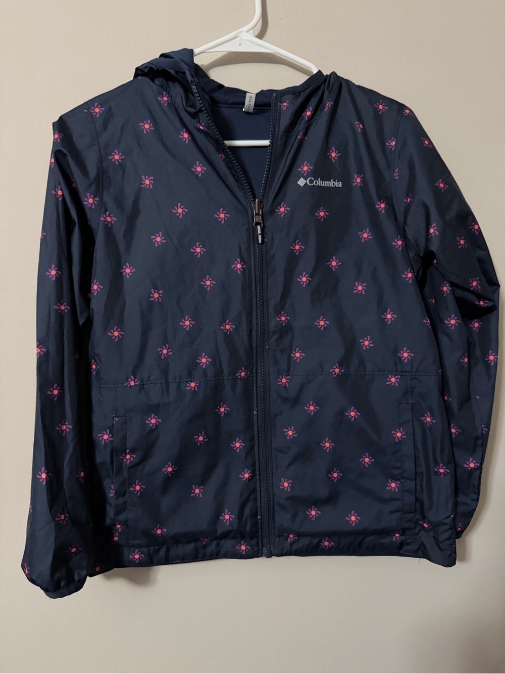 Columbia Reversible Hooded Windbreaker Rain Jacket Navy Floral Girls M 10/12